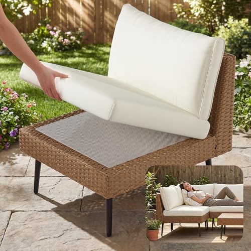 ENSTVER 8-Piece Dual-Strand Wicker Outdoor Sectional, Premium Outdoor Sofa with Durable Polyester Cushions & Ergonomic Sling-Back, Complete Outdoor Furniture Set for Large Patio(Cushion White