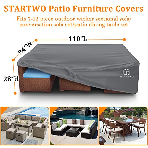 STARTWO Patio Furniture Covers Waterproof, Anti-UV Tear-Resistant 500D Heavy Duty 7-12 Seats Outdoor Furniture Cover for Sectional Sofa and Table Chairs, 110"x84"x28", Grey