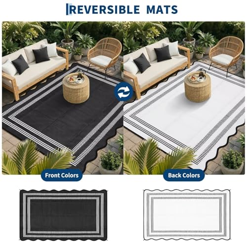 Garvee Waterproof Outdoor Rug 9x12, Scalloped Geometric Foldable Plastic Straw Patio Camping Rug, Outdoor RV Carpet for Deck Camper Porch Balcony Backyard Picnic Beach Black and White