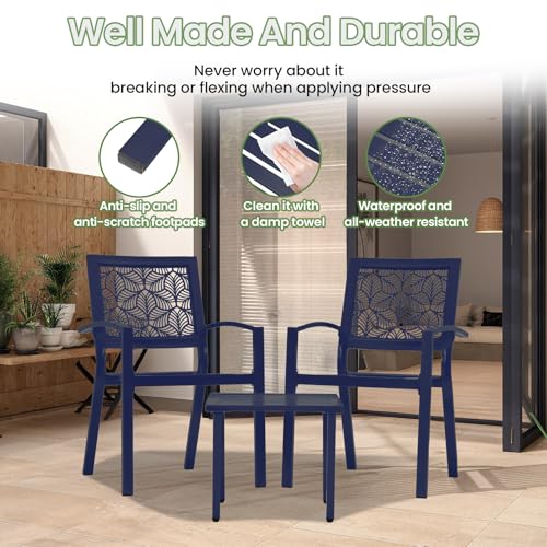 BUPPLEE 3 Piece Patio Bistro Set, Outdoor Steel Furniture Set, Stackable Modern Conversation Sets for Balcony Garden Deck Patio w/2 Chairs 1 Table, Peacock Blue