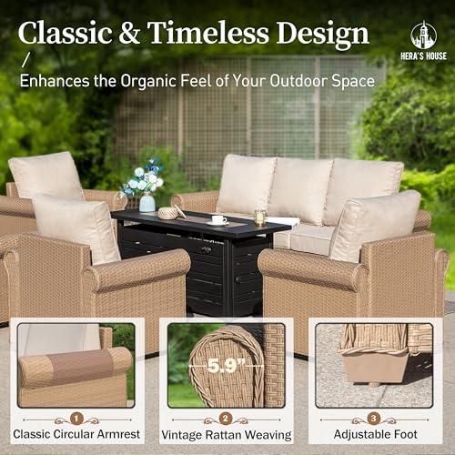 HERA'S HOUSE 6-Piece Patio Furniture Set, All Weather 7 Seats Outdoor Wicker Sofa with Ottomans, Rattan Patio Conversation Set with 5.5" Cushions and 44" Coffee Table, Beige