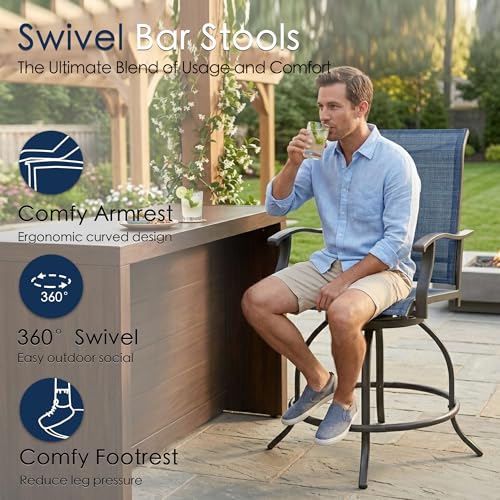 Kozyard Isabella Outdoor Swivel Bar Stools, Counter Height Patio Swivel Chairs with Textilene Seat, Outdoor Bar Height Chairs for Backyard, Bistro, Patio Bars, Navy Blue