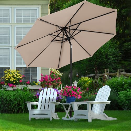 MEWAY 9ft Patio Umbrella Outdoor Table Umbrellas with Push Button Tilt and Crank, Market Umbrella 8 Sturdy Ribs for Deck, Garden, Pool and Backyard, Beige