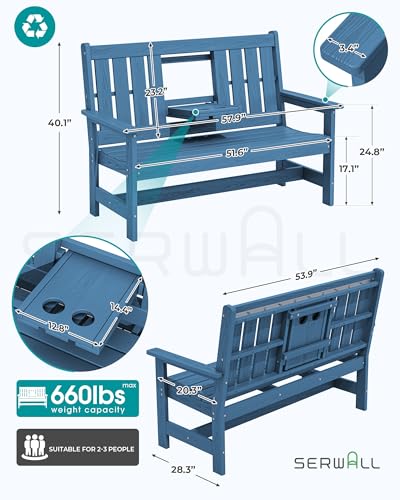 SERWALL Outdoor Bench with Cup Holder, Oversized 58" HDPE Porch Bench Suitable for 3 Person, All Weather Patio Benches with High Backrest for Garden, Park, Yard, Front Porch, Navy