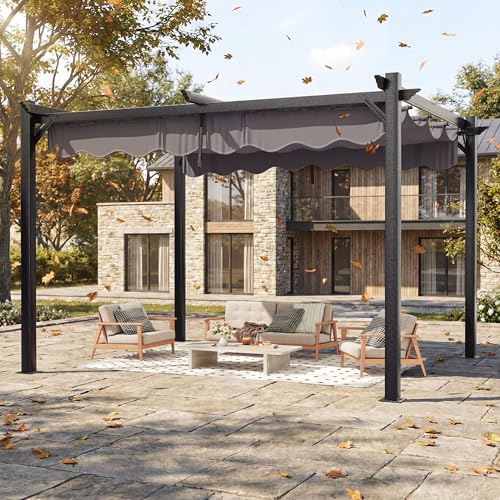 Polar Aurora 10'x12' Outdoor Pergola with Retractable Canopy, Patio Metal Heavy-Duty Gazebo Shelter for Backyard, Deck, Garden