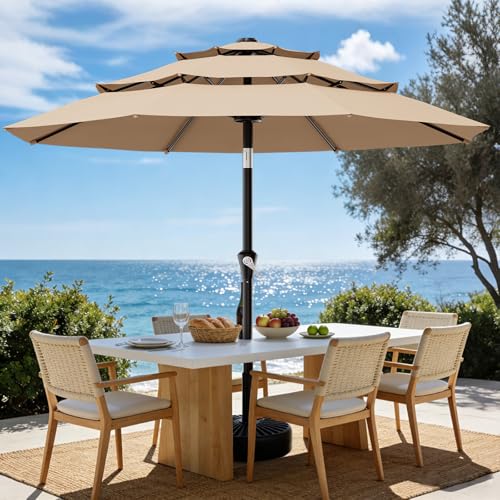 AreShark 9ft 3-Tier Patio Umbrellas, Outdoor Umbrella with 8 Sturdy Ribs UV Protection Windproof, Market Table Umbrella w/Push Button Tilt & Crank for Pool, Porch, Deck, Garden(Beige)