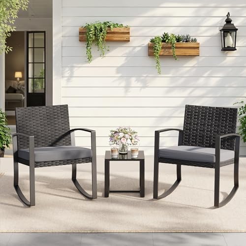 Qsun 3 Pieces Patio Furniture Set Rocking Bistro Set Outdoor Rattan Conversation with Coffee Table for Garden Balcony Backyard Poolside (Grey Cushion)