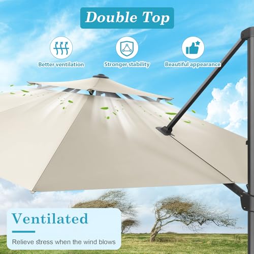 HOTEEL 10x10ft Patio Umbrella Cantilever Umbrella Double Top - Upgrade and Intensify - 360 Rotation and 5 Angles Adjustment - Aluminum Offset Pool Umbrella Outdoor Umbrellas for Patio Garden Deck Pool,Beige