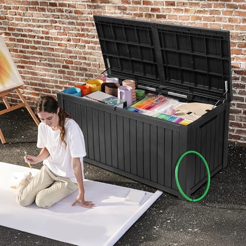 DWVO 220 Gallon Extra-Large Patio Deck Box, Waterproof Resin Outdoor Storage Box with Removable Divider for Patio, Garden, Pool, Furniture and Tools, Black