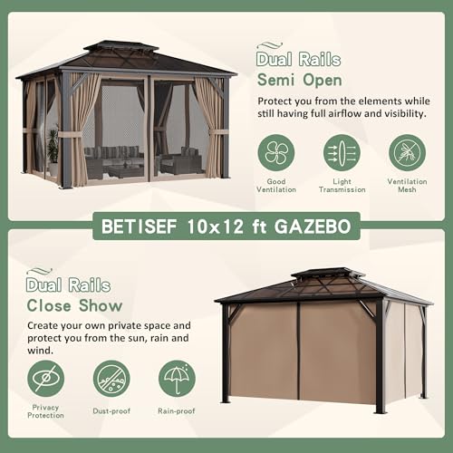 BETISEF 10'x12' Hardtop Gazebo, Outdoor Polycarbonate Roof Canopy, Aluminum Frame Permanent Pavilion with Curtains and Netting, Canopy for Garden, Patio, Lawns