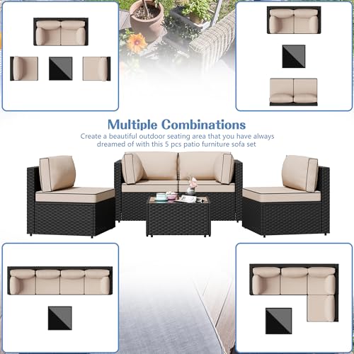 Patio Furniture Sets, 5 Piece Outdoor Sectional Sofas, Wicker Rattan Outdoor Furniture Patio Conversation Set, All-Weather PE Rattan Outdoor Couch for Backyard, Garden, Black & Khaki