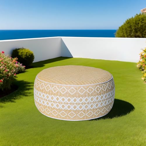 GLADTRAX Outdoor Inflatable Ottoman with Air Pump, Embroidery Patio Footrest Stool D21”x H9”, Round Pouf Ottoman with Portable Handle Suitable for Garden, Camping, Bedroom, Living Room