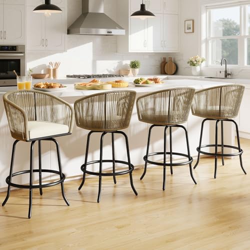 DWVO Outdoor Counter Height Bar Stools Set of 4, Patio Swivel Bar Chairs with Soft Cushions, 360° Rotation, Bar Height Rattan Chairs for Backyard, Poolside, Garden, Beige
