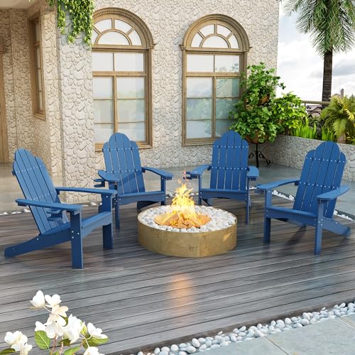 LUE BONA HDPS Adirondack Chairs Set of 4, Long-Lasting All-Season Outdoor Patio Chairs, Hidden Cup Holder, 350 LBS, Navy Blue