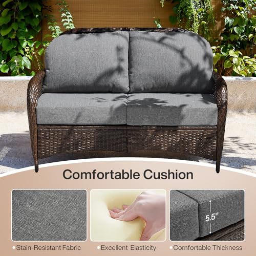 Tribesigns Outdoor Wicker Loveseat with 5.5'' Thick Cushions, 2-Seater Patio Sofa with 26.8'' Deep Seat, All-Weather Patio Wicker Loveseat for Porch, Deck, Backyard, Poolside, Gray/Brown