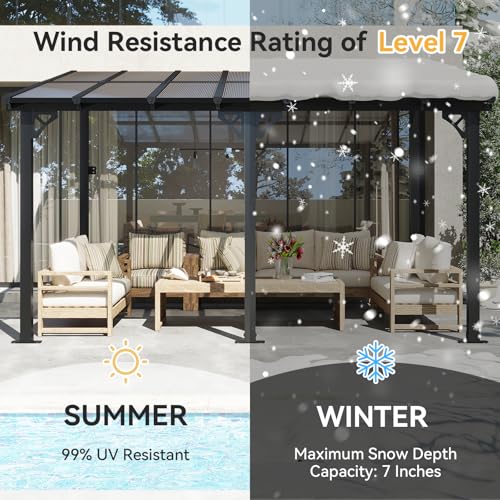 Aoxun 14' x 10' Gazebo for Patio, Lean to Gazebo Pergola with Sloped Roof, Large Wall-Mounted Heavy Duty Awnings, for Backyard, Deck, Patio