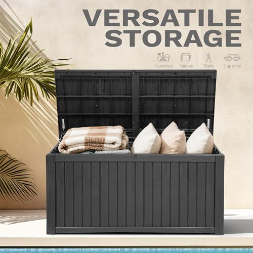 DWVO 220 Gallon Extra-Large Patio Deck Box, Waterproof Resin Outdoor Storage Box with Removable Divider for Patio, Garden, Pool, Furniture and Tools, Black