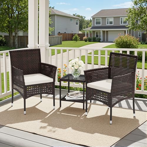 Devoko Outdoor 3 Piece Patio Furniture Set Wicker Chairs with Glass-top Coffee Table for Garden, Balcony, and Porch (Brown)