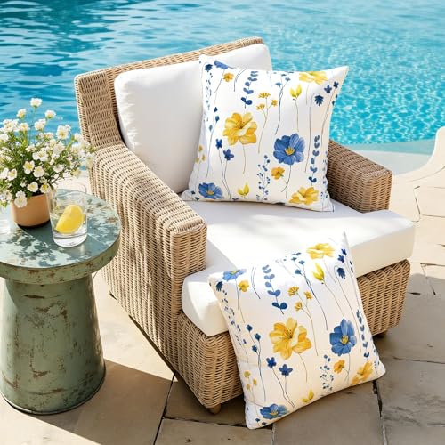 Waiyear Navy Blue Yellow Floral Outdoor Pillow Covers 18x18 Watercolor Flower Decorative Waterproof Throw Pillow Cover for Patio Funiture Garden Bench Balcony Sofa Couch Spring Summer Decor Set of 2