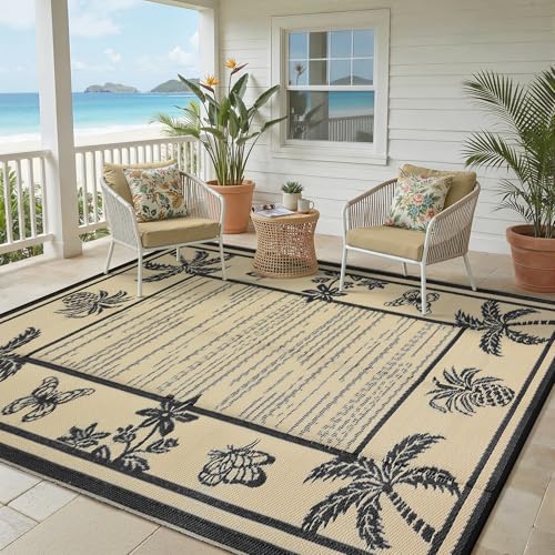 Garvee Outdoor Rug 5x8 Waterproof for Patios, Reversible Plastic Straw Rug, Tropical Leaf Indoor Outdoor Rugs, Large Area Rug for RV, Camping, Deck, Picnic Mat, Outside Carpet, Black & Brown