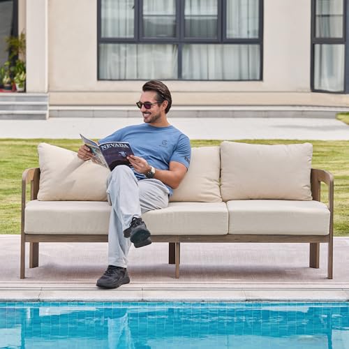 COMLAX FIELD Aluminum Outdoor Patio Sofa, 3-Seat All-Weather Metal Modern Couch with Washable Thick Cushion for Garden/Backyard/Porch, Beige