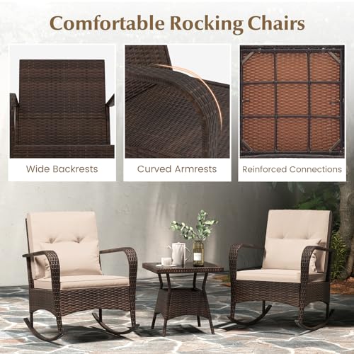 COSTWAY Outdoor Rocking Chairs Set of 2, 3 Piece PE Wicker Patio Bistro Set with Coffee Table & Thick Cushions, Rattan Patio Rocker Furniture for Front Porch Lawn Garden Backyard Deck Poolside (Beige)