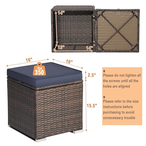 RELAX4LIFE Wicker Outdoor Storage Ottoman, 2-Piece Rattan Footstool w/Removable Cushion, Multipurpose Footrest Stool Side Table Additional Seating, Set of 2 Outdoor Ottomans for Patio Deck (Navy)
