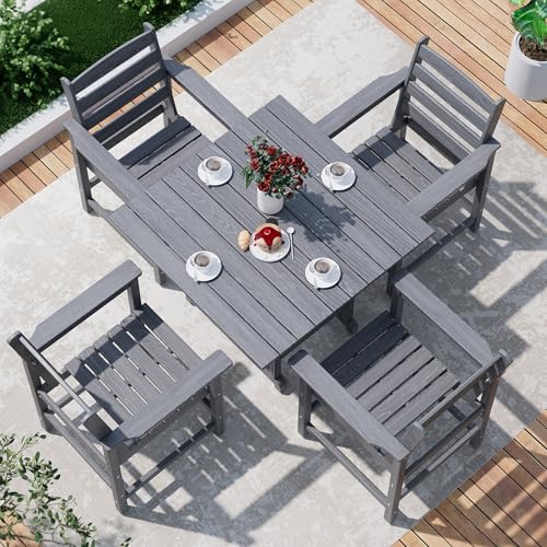 PamapicLife Outdoor HDPE Dining Table Set, 5-Piece All-Weather HDPE Outdoor Table and Chairs with Elegant Armrest, Wood Grain Patio Furniture Sets with Umbrella Hole for Porch, Backyard, Gray