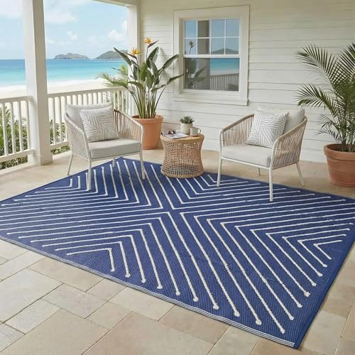 Garvee Striped 5x8 Outdoor Rug Waterproof Reversible Patio Mat, Portable Lightweight Plastic Straw Camping Rug for RV, Balcony, Backyard, Porch, Beach, Picnic, UV Protected & Easy Clean, Navy & White
