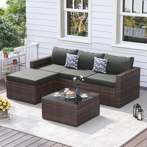 UDPATIO 5 Piece Patio Furniture Set, All-Weather Wicker Outdoor Sectional Sofa,Rattan L Shaped Outdoor Conversation Patio Sectional with Ottoman, Glass Table for Balcony Porch Backyard,Grey