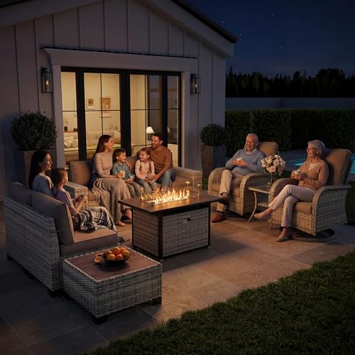Muphyers 10-Piece Outdoor Patio Furniture Set with Rocking Swivel Chair, PE Wicker Rattan Sectional Sofa Patio Conversation Set with 55,000 BTU Fire Pit Table & Coffee Table, Grey