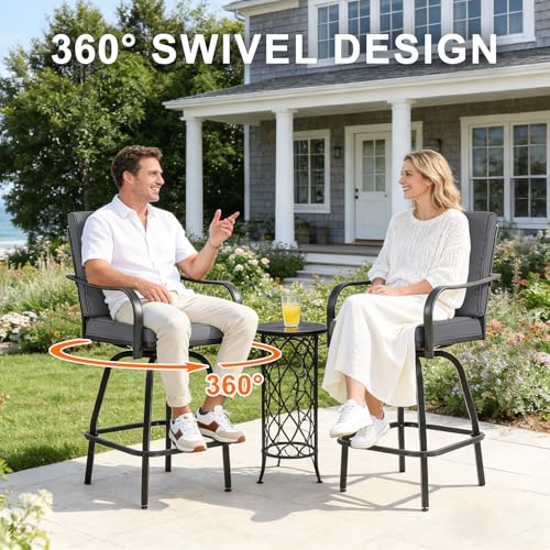 STRPRETTY BASIC Outdoor Swivel Bar Stools Set of 4, Patio Bar Height Swivel Stools with Cushions for Garden Balcony Backyard, Grey