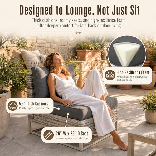 Sweecci 6-Piece Outdoor Patio Furniture Set, Modern PE Wicker Outdoor Sectional Sofa with Storage Armrests & 5.5" Thick Cushions, L-Shaped Couch for Deck, Porch, Backyard, Charcoal Gray