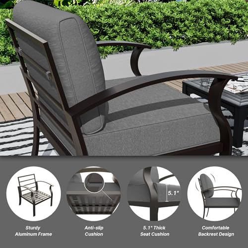 Gotland Aluminum Patio Furniture Set with Fire Pit Table, Metal Patio Furniture with 2 Swivel Rocking Chairs Waterproof 5.1'' Seat Cushions, Oversized Outdoor Sectional for Garden Balcony Porch Gray
