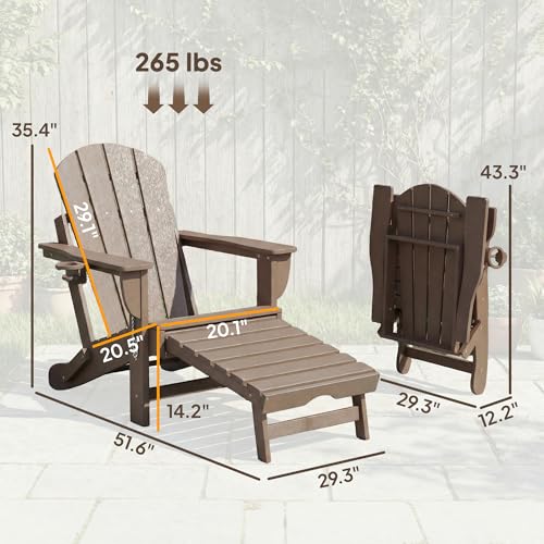 Outsunny Folding Adirondack Chair Set of 2, Outdoor HDPE Fire Pit Chair with Retractable Ottoman, Cup Holder and Large Seat for Deck, Garden, Backyard, Brown
