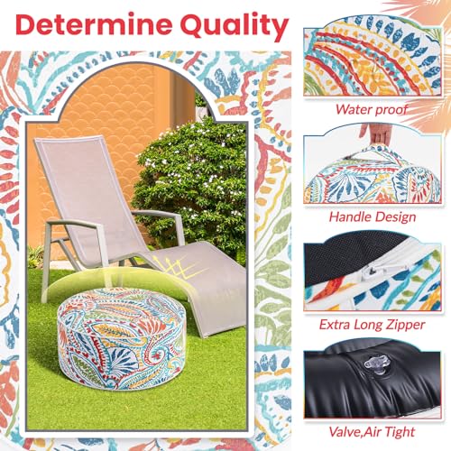 Juexica 2 Pack Inflatable Outdoor Ottoman Pouf Waterproof Round Footrest with Handle D21 x H9 Inch Indoor Outdoor Portable Footstool Pouf for Patio Garden Camping or Home Pool(Boho)