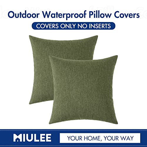 MIULEE Pack of 2 Decorative Outdoor Solid Waterproof Throw Pillow Covers Faux Linen Garden Farmhouse Cushion Cases for Patio Tent Balcony Couch Sofa 18x18 Inch Dark Green