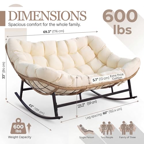 NICESOUL Oversized Double Rocking Papasan Chair with Thick Cushion, 2 Person Big Wicker Outdoor Comfy Recliner, Extra Large Heavy Duty Egg Loveseat for Patio, Balcony, Backyard, Garden, Beige