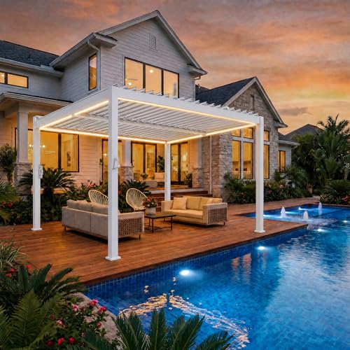 Suvivityse 10x10 Louvered Pergola with Lights, Aluminum Pergola with Adjustable Roof, Metal Outdoor Pergolas for Patios, Garden and Deck, White