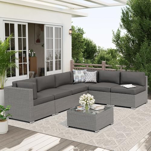Oakcloud 7-Piece Outdoor Grey Rattan Wicker Sectional Conversation Sets Patio Furniture Sofa Set with Cushions and Glass Top Table(Grey)