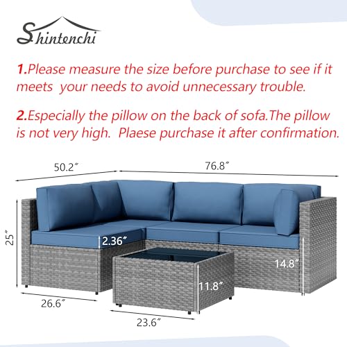 Shintenchi 5 Pieces Outdoor Patio Furniture Sets, Patio Sectional Sofa Couch, Gray PE Wicker Furniture Modular Patio Conversation Sets Patio Sofa with Washable Cushions & Table（Aegean Blue）