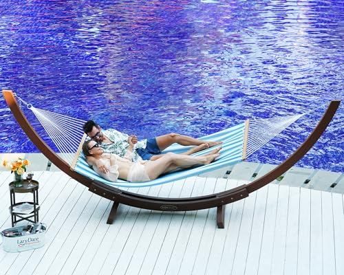 Lazy Daze Hammocks Quick Dry Hammock with Spreader Bar Textliene Fabric Double 2 Person Hammock with Chains Outdoor Patio Poolside Backyard Beach 450 lbs Capacity, Blue White Stripes