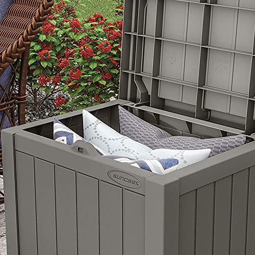 Suncast Outdoor Storage Box - 22 Gallon Stone Gray Resin Outdoor Deck Box with Seat, Weatherproof Patio Storage Bin Container for Keeping Cushions, Tools, & Towels for Pool, Yard, & Garden