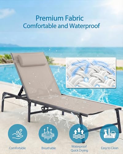 2 Pack Foldable Chaise Lounge Chair with Cup Holder, Assemble-Free Outdoor Lounge Chair with Detachable Pillow and 6 Adjustable Backrest, Patio Lounge Chair for Outside Poolside Beach Pool, Khaki
