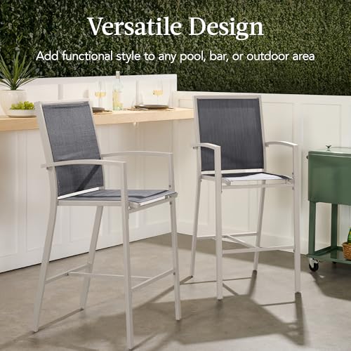 Best Choice Products Outdoor Bar Stools Set of 2, Bar Height, Patio Furniture, All Weather Mesh Design w/Armrest - Taupe/Charcoal