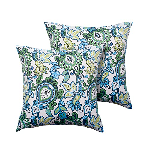 Magpie Fabrcis Pack of 2 Outdoor Waterproof Throw Pillow with Insert 18 x 18 Inch, Christmas Decorative Back Cushion Pad for Garden Patio Tent Balcony Couch Sofa(Floral Blue Green)