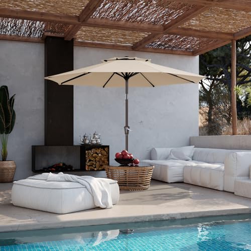 JEAREY 9 ft 2-Tiers Patio Umbrellas Outdoor Table Market Umbrella w/Push Button Tilt/Crank, 8 Sturdy Ribs, UV Protection Waterproof Sunproof(Beige)