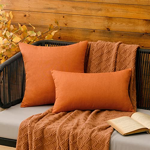 MIULEE Pack of 2 Decorative Outdoor Solid Waterproof Throw Pillow Covers Faux Linen Garden Farmhouse Cushion Cases for Summer Patio Tent Balcony Couch Sofa 18x18 Inch Orange