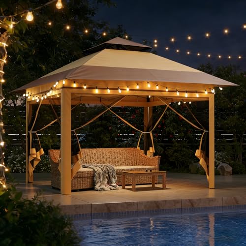 Driftalia 13x13 Pop Up Gazebo, Instant Outdoor Gazebo with Mosquito Netting, Vented Roof and Carry Bag for Patio, Garden & Backyard - Beige & Coffee