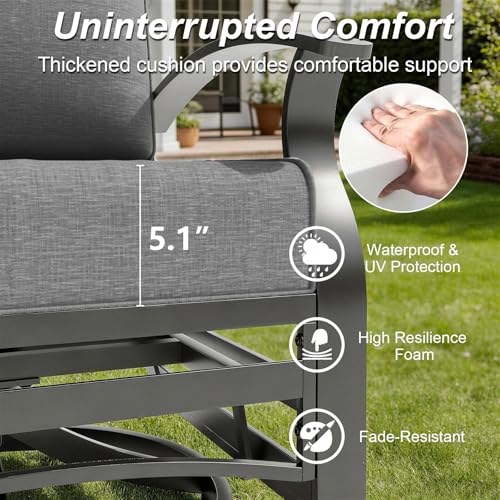 Gotland Aluminum Patio Furniture Set with Fire Pit Table, Metal Patio Furniture with 2 Swivel Rocking Chairs Waterproof 5.1'' Seat Cushions, Oversized Outdoor Sectional for Garden Balcony Porch Gray